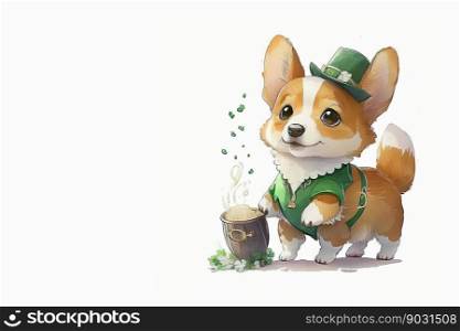 Smiling St. Patrick&rsquo;s Pomeranian puppy in a green leprechaun hat on a white background. Watercolor cartoon. Generative AI. 