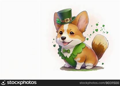 Smiling St. Patrick’s Pomeranian puppy in a green leprechaun hat on a white background. Watercolor cartoon. Generative AI. 