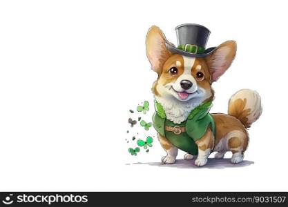 Smiling St. Patrick’s Pomeranian puppy in a green leprechaun hat on a white background. Watercolor cartoon. Generative AI. 