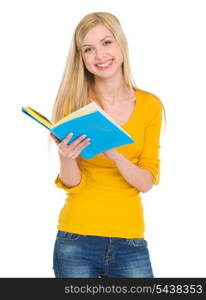 Smiling student girl reading book