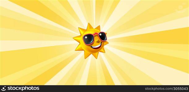 Smiling summer sun radiant background with a happy glowing character with sunglasses as a hot symbol of vacation and relaxation with sunny weather with rays of light as a 3D illustration.