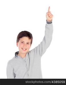 Smiling teenage boy of thirteen asking to speak isolated on white background
