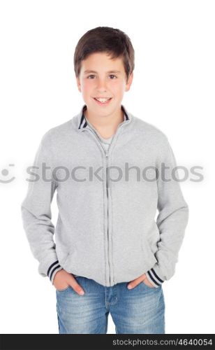 Smiling teenage boy of thirteen isolated on white background