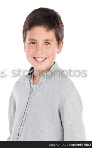 Smiling teenage boy of thirteen isolated on white background
