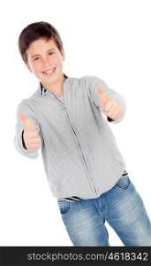 Smiling teenage boy of thirteen saying Ok isolated on white background
