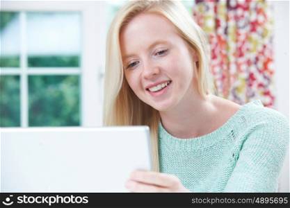 Smiling Teenage Girl Using Computer At Home