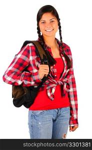 Smiling Teenage Girl with Plaid Shirt bakcpack