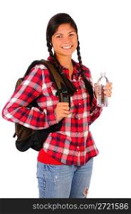 Smiling Teenage Girl with Plaid Shirt Water Bottle