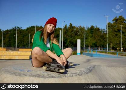 Smiling teenager girl in roller skates rest on inline skating r&. Urban recreation for teens. Smiling teenager girl in roller skates rest on inline skating r&