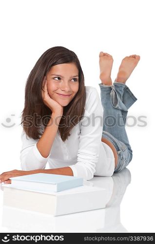 Smiling teenager with books on white background