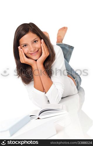 Smiling teenager woman with books on white background