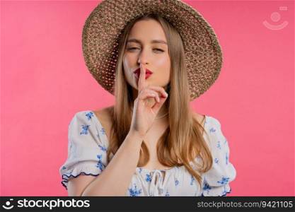 Smiling ukrainian woman holding finger on lips, pink studio background. Pretty lady with gesture of shhh, secret, silence, conspiracy, gossip concept. High quality. Smiling woman with finger on lips - shhh, secret, silence,pink studio background
