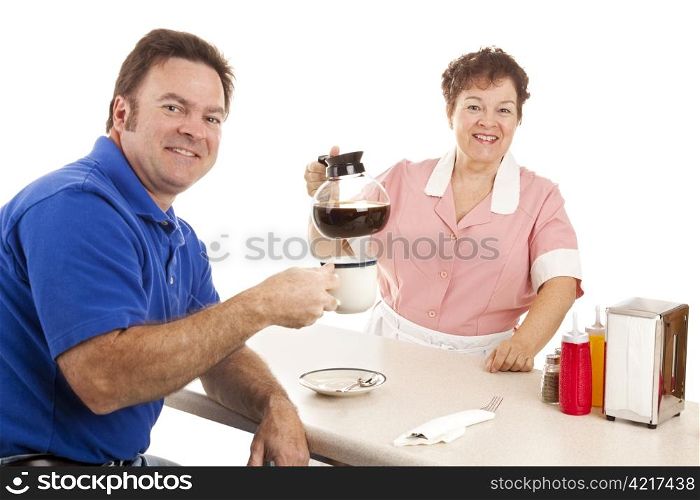 Smiling waitress and customer in a diner. Isolated on white.