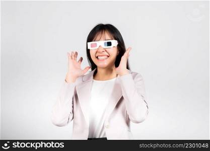 Smiling woman confidence wearing 3d cinema movie glasses red and blue isolated white background, Asian happy portrait beautiful young female in television film studio shot, copy space