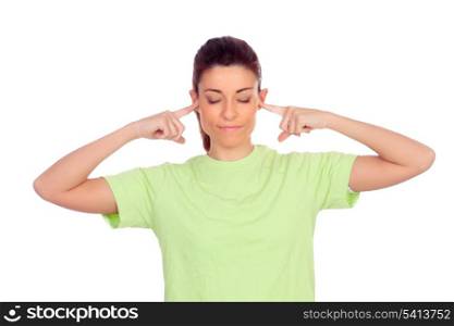 Smiling woman covering her ears isolated on a white background