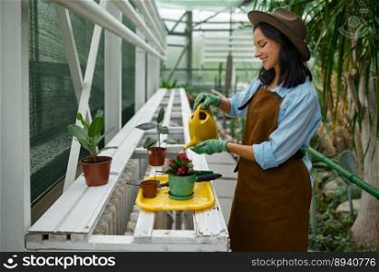 Smiling woman gardener working at botanical farm. Hothouse worker planting flower in pot watering seedlings. Smiling woman gardener working at botanical farm