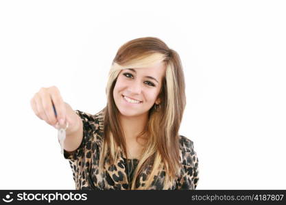 Smiling woman gives over house key. Isolated on white background.