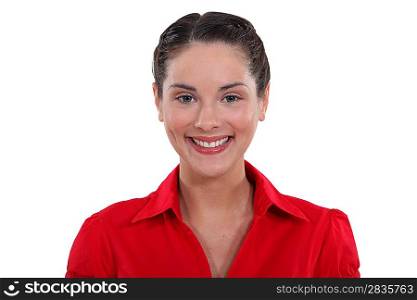 Smiling woman in a red shirt