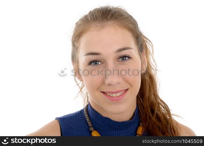smiling woman in blue casual smart clothing, isolated on white background