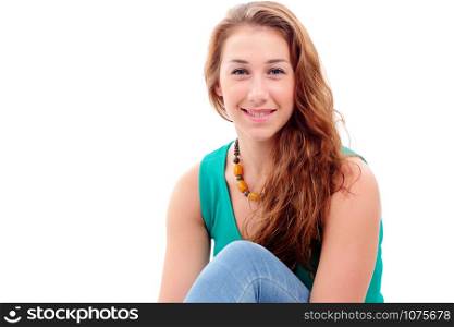 smiling woman in green casual smart clothing, isolated on white background