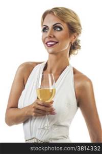 smiling woman in white dress with a glass of champagne. Isolated on white background