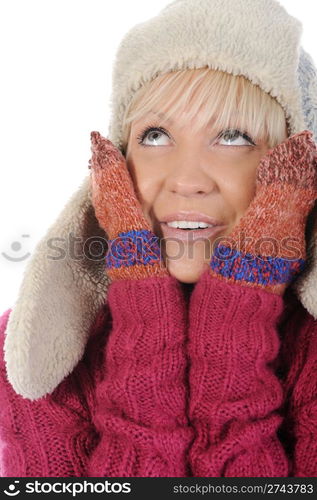 Smiling woman in winter style. Isolated on white background