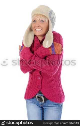 Smiling woman in winter style. Isolated on white background
