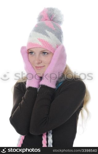 Smiling woman in winter style. Isolated on white background