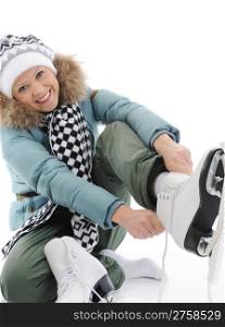 Smiling woman in winter style with skates. Isolated on white background
