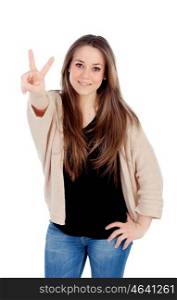 Smiling woman making the sign of victory isolated on a white background