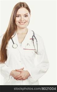 Smiling woman medical doctor with stethoscope.. Happy smiling woman medical doctor with stethoscope wearing white coat. Professional health care assistance. Isolated on white background.