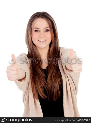 Smiling woman saying Ok isolated on a white background