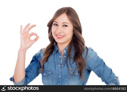 Smiling woman saying Ok isolated on a white background