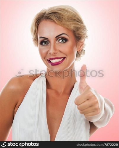 Smiling woman showing tumb sign. Isolated on white background