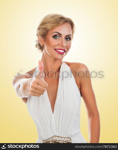 Smiling woman showing tumb sign. Isolated on white background