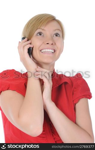 Smiling woman talking on the phone. Isolated on white background