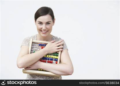 Smiling Woman Using Abacus