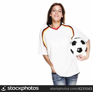 smiling woman wearing football shirt with football under her arm. smiling woman wearing football shirt with football under her arm on white background