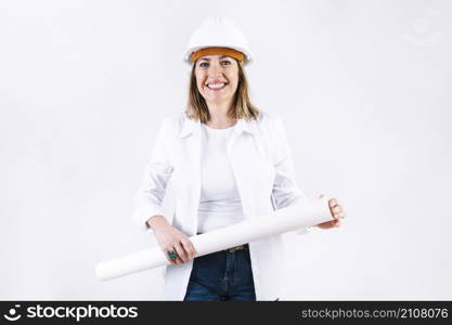 smiling woman with draft