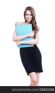 smiling woman with folder on white background