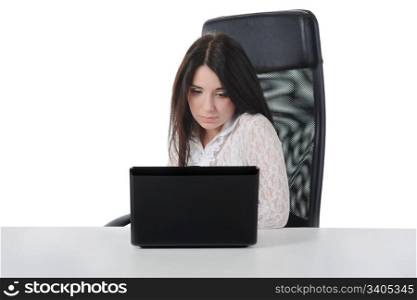 Smiling woman with laptop in a bright office. Isolated on white background