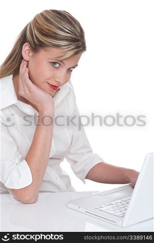 Smiling woman with laptop on white background