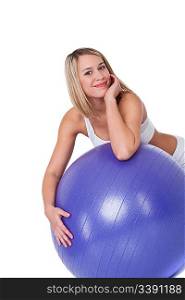 Smiling woman with purple ball on white background