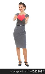 Smiling woman with Valentines heart shaped card