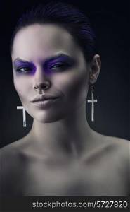 smiling woman with violet make-up