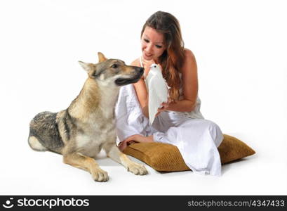 smiling woman, young wolf and white dove in a studio