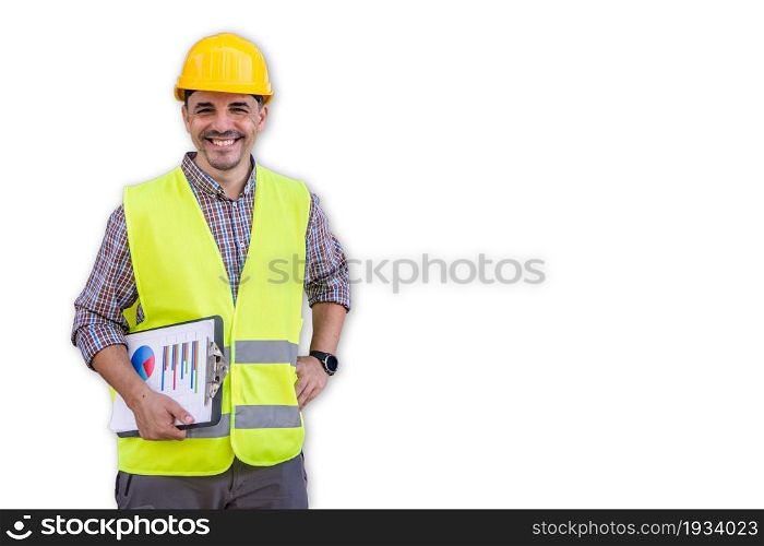 smiling worker in reflective waistcoat and yellow helmet over a white background