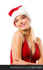 smiling young blond woman with red top and a christmas hat looking in camera