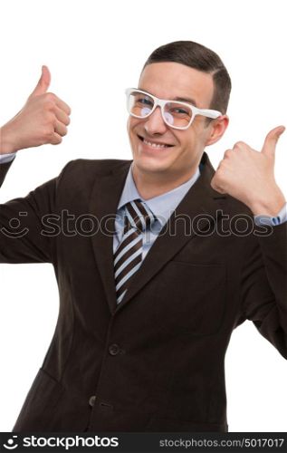 Smiling young business man thumbs up