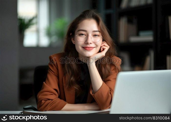 Smiling young business woman sitting armchair at desk at home office with laptop computer , Generate Ai
